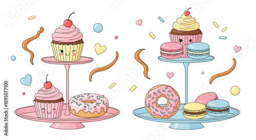 Colorful dessert display with cupcakes and macarons on stands