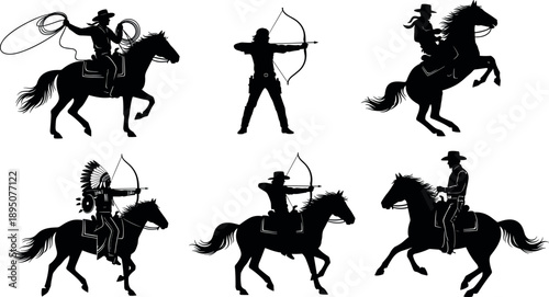 Wild West silhouette collection of cowboys riding horses, throwing lassos, and Native American chief shooting bow and arrow vector illustration.