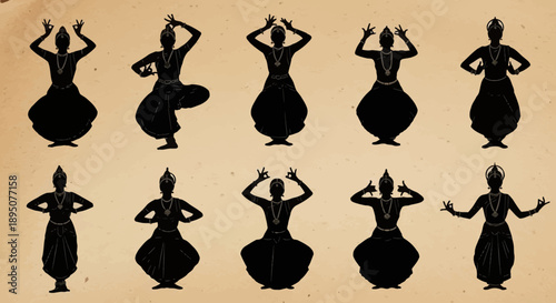 Set of Ten Traditional Indian Dancer Silhouettes in Various Poses
