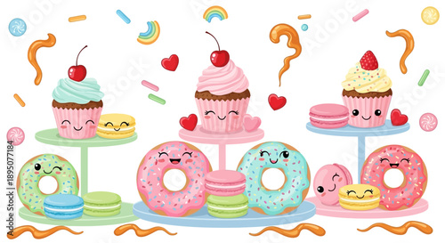 Colorful cartoon desserts with smiling faces on display