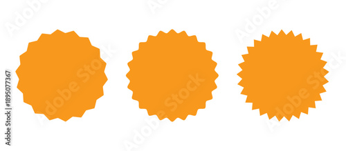 Orange starburst badge shapes. Circular burst label designs. Promotional highlight symbols set. Bold geometric sticker elements.