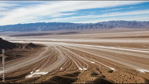 Desert landscape featuring dry riverbeds and distant mountains under blue sky