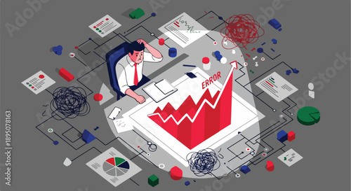 Overwhelmed businessman dealing with financial crisis and business failure, surrounded by complex data, charts, and negative market trends. Stressful work situation.