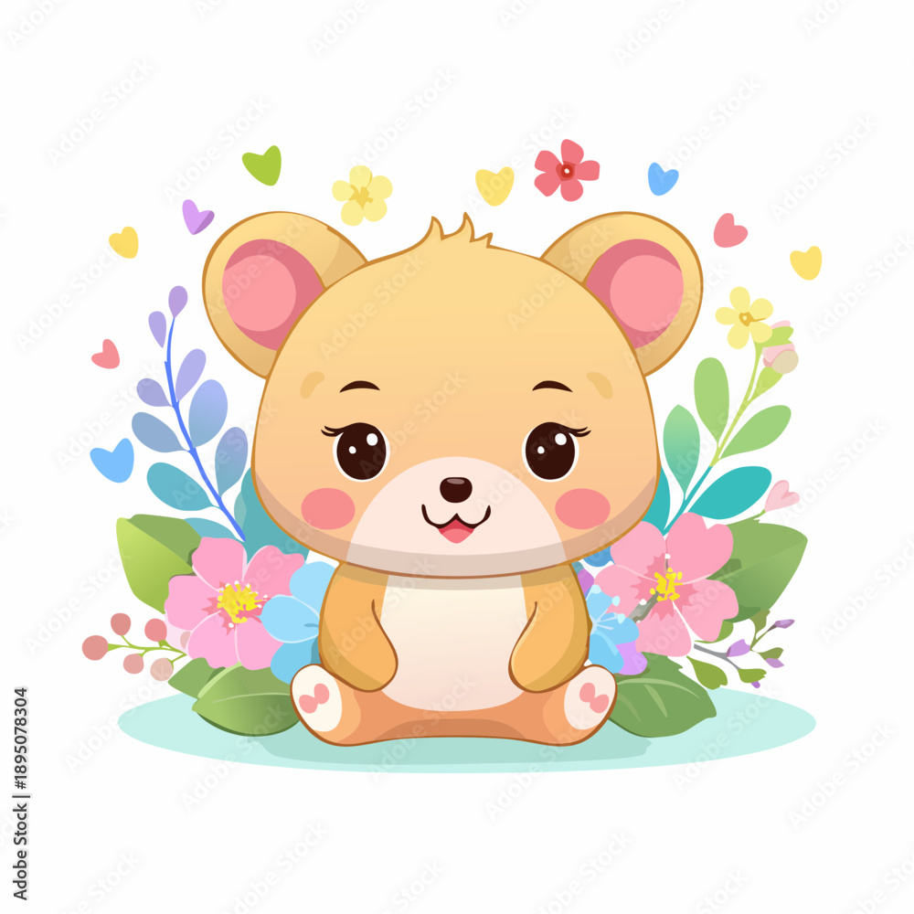 Fototapeta premium cute, chibi, animal, floral, sticker, isolated, flowers, pastel colors, decorative, kawaii, nature theme, adorable, character design, white background, vibrant colors, cartoon animal, spring theme