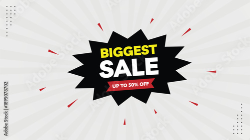 Biggest Sale Banner Template – Up to 50% Off Element Shapes, Black Yellow Red Gradient on White Background