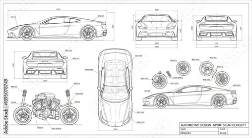 Automotive Design Blueprint Showing Sports Car and Motorcycle Schematics.