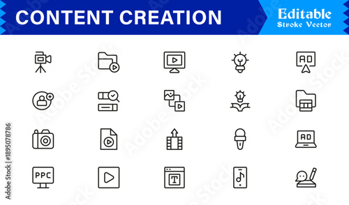 Content Creation Line Icon Set – Professional Modern Symbols For Blogging, Writing, And Digital Media