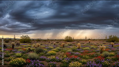Desert landscape under stormy sky colorful wildflowers and dramatic weather