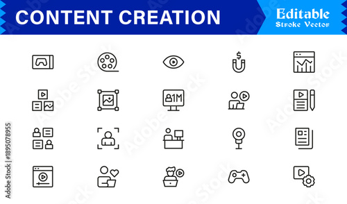 Content Creation Line Icon Set – Professional Modern Symbols For Blogging, Writing, And Digital Media