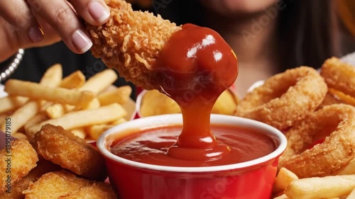 Eating fried chicken with sauce