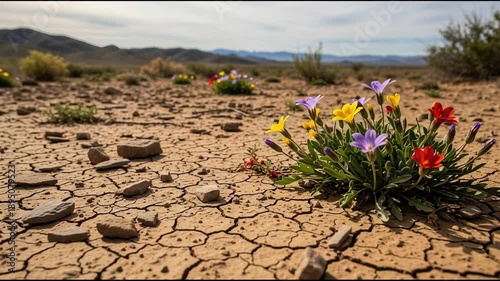 Desert landscape with colorful wildflowers in arid environment