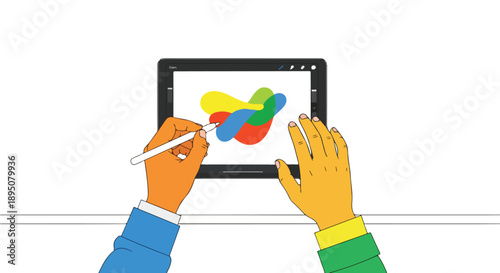 Stylized hands drawing colorful abstract shapes on a digital tablet with a stylus, representing creativity, digital art, and modern design.