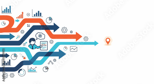 Dynamic business strategy and data analysis concept, illustrating multiple paths, decision-making, and growth towards a common goal or success.