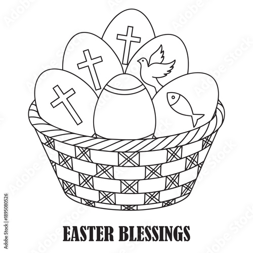Easter Blessings Coloring Page Animation: Basket of Eggs with Religious Christian Symbols, Cross, Dove, and Fish Line Art