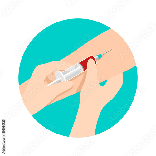 Blood test icon in flat colors. With hands and syringe