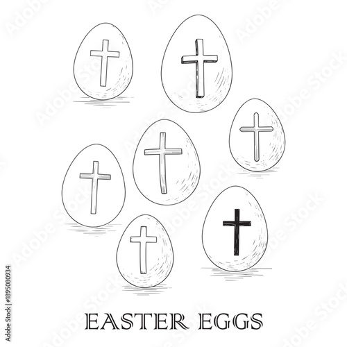 "Set of Hand Drawn Religious Easter Eggs with Crosses - Christian Holiday Sketch Illustration"
