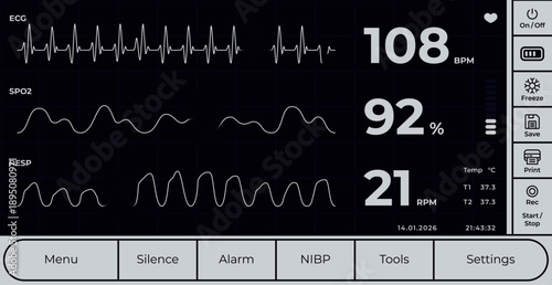 Vector illustration of medical ECG monitor interface displaying ecg, spo2 and respiration indicators for patient vital signs monitoring in modern healthcare system