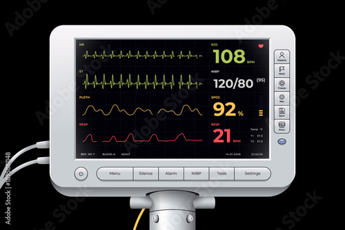 Vector illustration of medical ECG monitor interface displaying ecg, spo2 and respiration indicators for patient vital signs monitoring in modern healthcare system