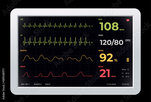 Vector illustration of medical ECG monitor interface displaying ecg, spo2 and respiration indicators for patient vital signs monitoring in modern healthcare system