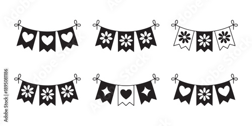 Decorative party garland collection with heart and flower motifs for festive celebration vector line art set