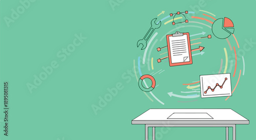 Business process management concept with icons of workflow, data analysis, and planning on a green background