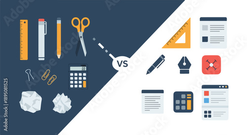 Traditional vs. Digital Workspace: A Flat Lay Comparison of Classic Office Supplies and Modern Creative Technology Tools for Design and Productivity