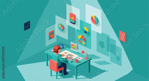 Creative professional working on digital designs and data visualizations in a focused, illuminated workspace, showcasing modern graphic art and artistic process.