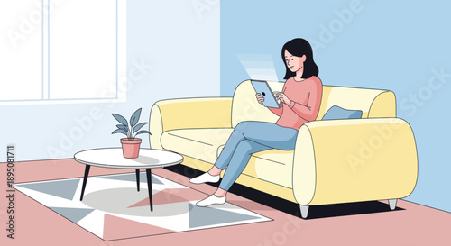 Woman relaxing on a couch while using a tablet.