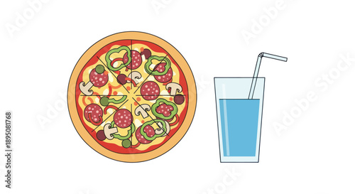 Simple illustration of a pizza slice and a glass of water