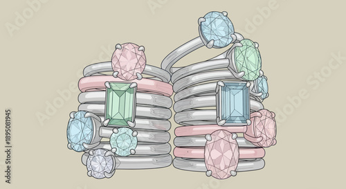 Collection of colorful gemstone rings stacked together