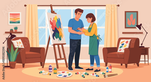 Couple painting together in a cozy art studio.