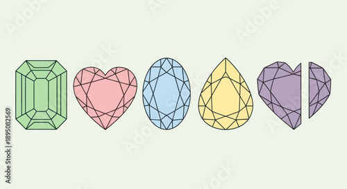 A set of colorful gemstone cut illustrations including a broken heart jewel.