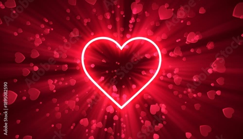 Neon Red Heart Glowing Amid Bokeh, Radiant Particles Burst Outward Into Cinematic Valentine Backdrop, Pulsing