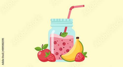 Healthy fruit smoothie in a jar with fresh ingredients, vector illustration.