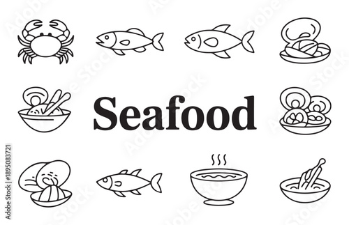 Seafood restaurant linear icon set featuring various sea animals and food preparations on white background