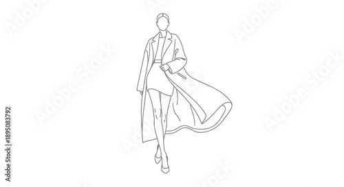 Woman wearing long coat walking alone in elegant motion on white background