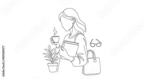 Woman enjoying coffee with book and plant in minimalist line art style