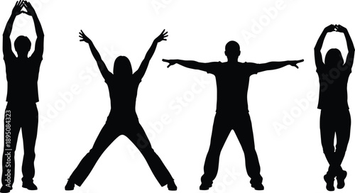 Fitness and yoga silhouettes set, people performing stretching, balance and warm up exercises, healthy lifestyle workout poses, black vector illustration isolated on white background