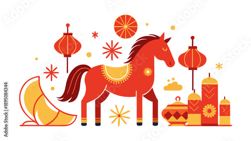 Festive Chinese New Year Horse with Lanterns and Fireworks Flat Vector Illustration
