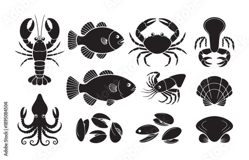Seafood silhouettes set with lobster fish crab squid and mussels icons for professional kitchen menu decor