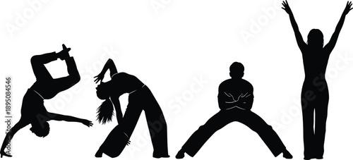 Human movement silhouettes illustration, dynamic dance yoga stretching poses, fitness flexibility balance concepts, expressive body motion, black minimalist vector set