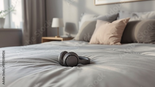 Black headphones rest on a light gray bed with soft pillows. Sunlight illuminates the room highlighting pillows a nightstand and window curtains.
