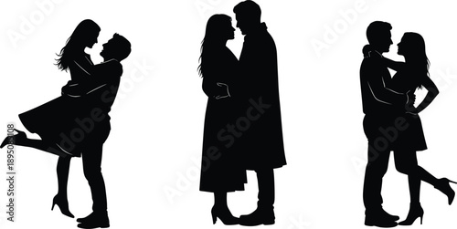 Romantic couple silhouettes set showing hugging, lifting and intimate embracing poses, man and woman love relationship illustration, black vector isolated on white background