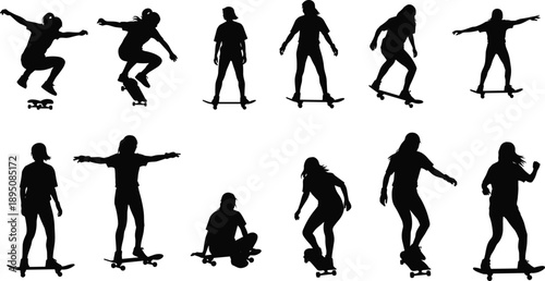 Skateboarder silhouettes performing tricks and jumps, urban skateboarding action poses, extreme sport lifestyle illustration, black vector collection isolated on white background