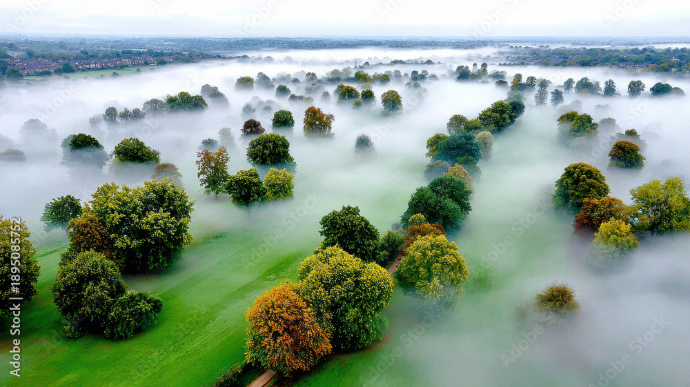 Fototapeta premium Aerial View Of Trees In Fog Over Green Field Landscape Misty Morning Scenery Nature Background Tranquil Atmosphere Countryside Environment