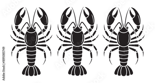 Crayfish isolated vector illustration, three identical crayfish black and white icons on a white background