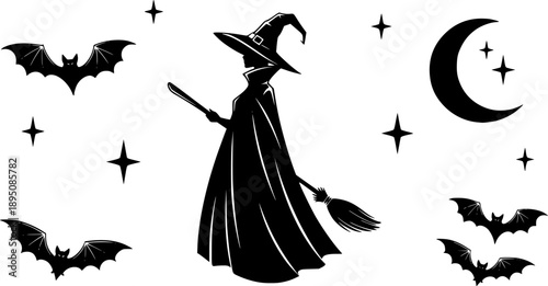 Modern Witch Silhouette Vector for Halloween, Elegant Fashion Forward Witchy Aesthetic Graphic for Spooky Season Decor and Party Design