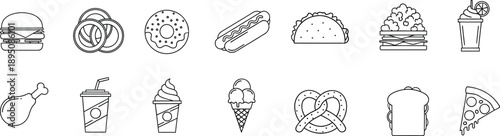 A collection of fast food and snack icons in a minimalist line art style