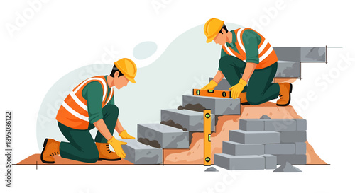 Construction workers building a brick staircase outdoors.