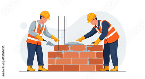 Construction workers building a brick wall together on a site.